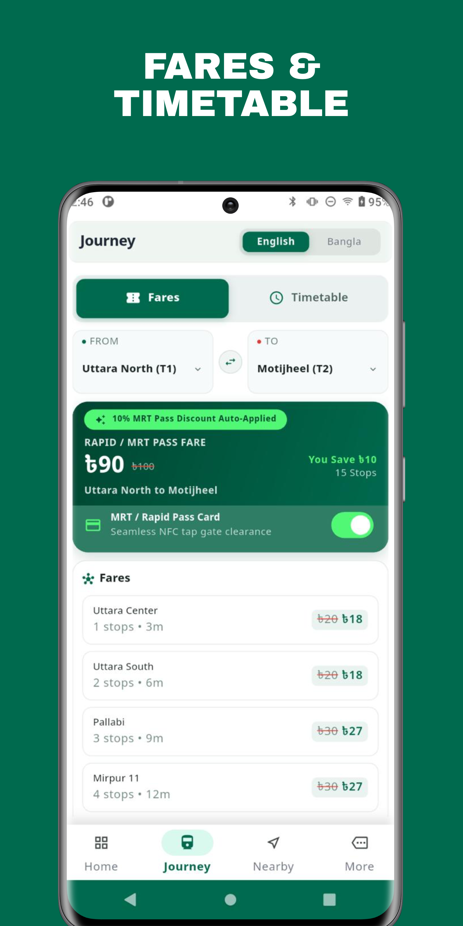 MRT Connect fares and timetable screen